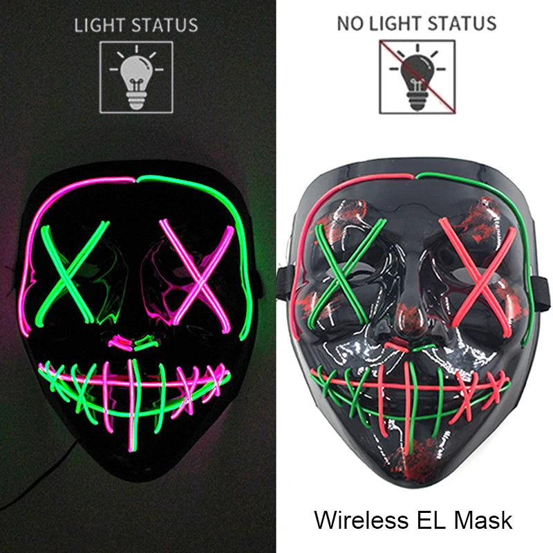 Bezprzewodowa Maska LED Neon Purge – świecąca w Ciemności, Horror Cosplay, Halloween, Maskarada, Impreza