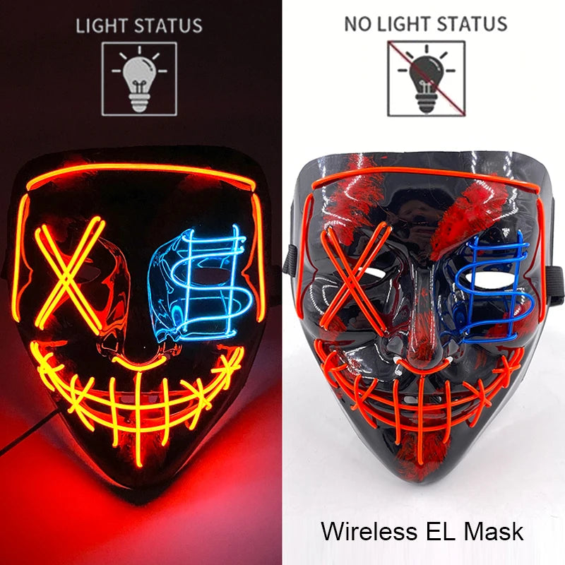 Bezprzewodowa Maska LED Neon Purge – świecąca w Ciemności, Horror Cosplay, Halloween, Maskarada, Impreza