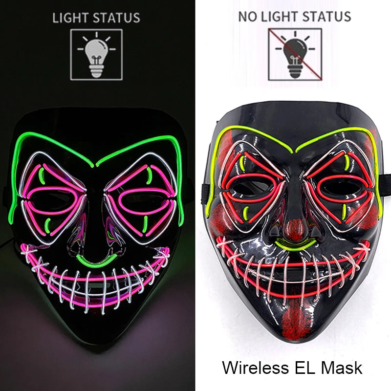 Bezprzewodowa Maska LED Neon Purge – świecąca w Ciemności, Horror Cosplay, Halloween, Maskarada, Impreza