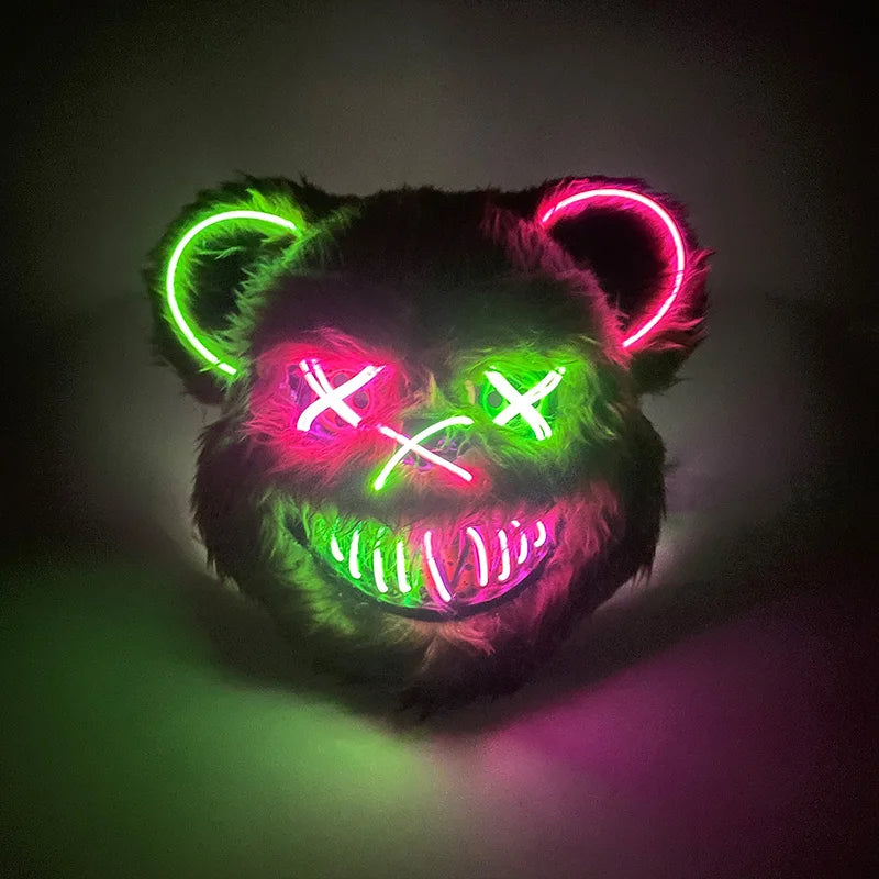 Świecąca Maska LED – Krwawy Królik / Czarny Niedźwiedź – Halloween, Cosplay, Impreza