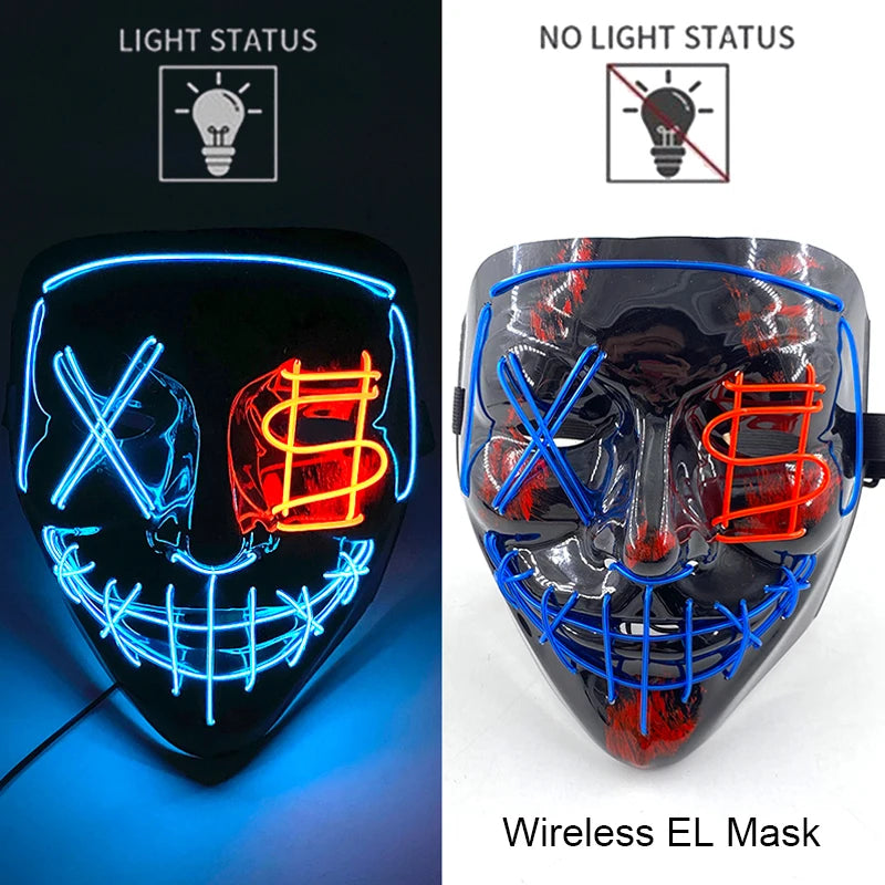 Bezprzewodowa Maska LED Neon Purge – świecąca w Ciemności, Horror Cosplay, Halloween, Maskarada, Impreza