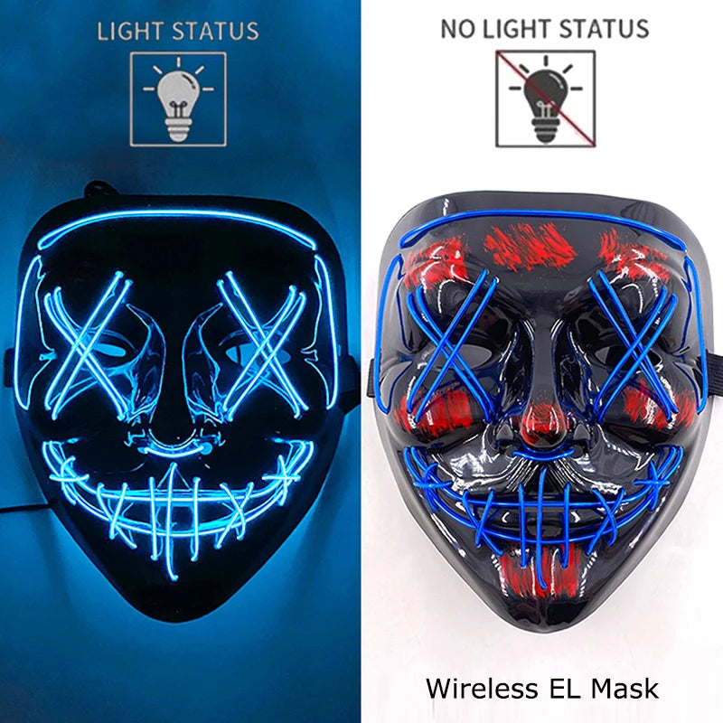 Bezprzewodowa Maska LED Neon Purge – świecąca w Ciemności, Horror Cosplay, Halloween, Maskarada, Impreza