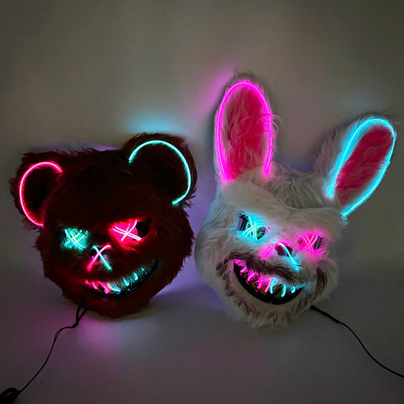 Świecąca Maska LED – Krwawy Królik / Czarny Niedźwiedź – Halloween, Cosplay, Impreza