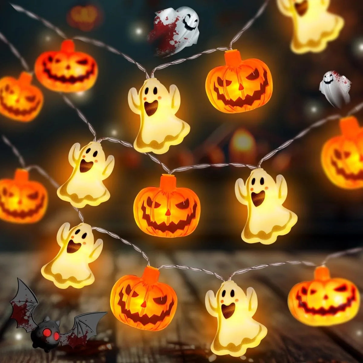 Lampki LED Halloween Dynia i Duch na Baterie – Dekoracja na Halloween, Ogród i Dom
