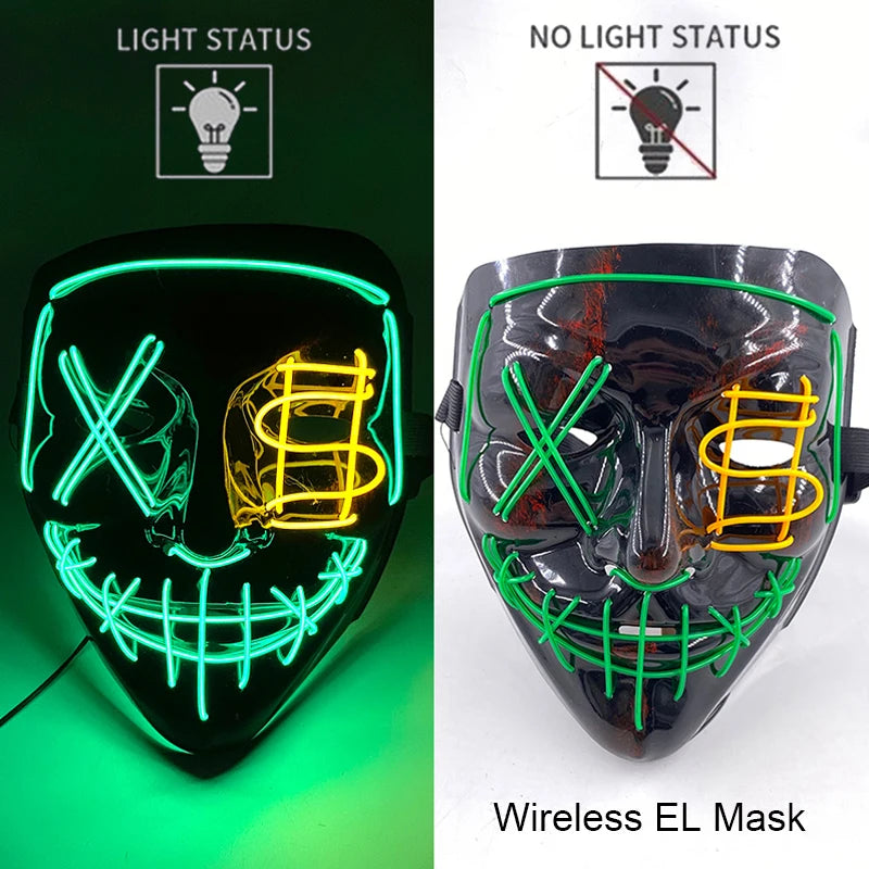 Bezprzewodowa Maska LED Neon Purge – świecąca w Ciemności, Horror Cosplay, Halloween, Maskarada, Impreza
