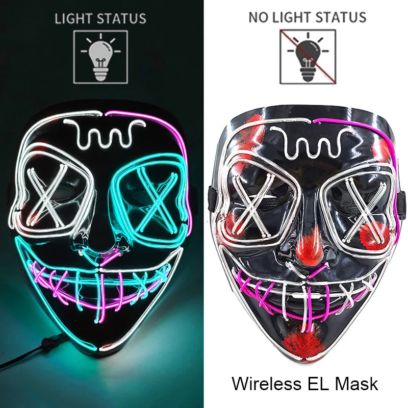 Bezprzewodowa Maska LED Neon Purge – świecąca w Ciemności, Horror Cosplay, Halloween, Maskarada, Impreza