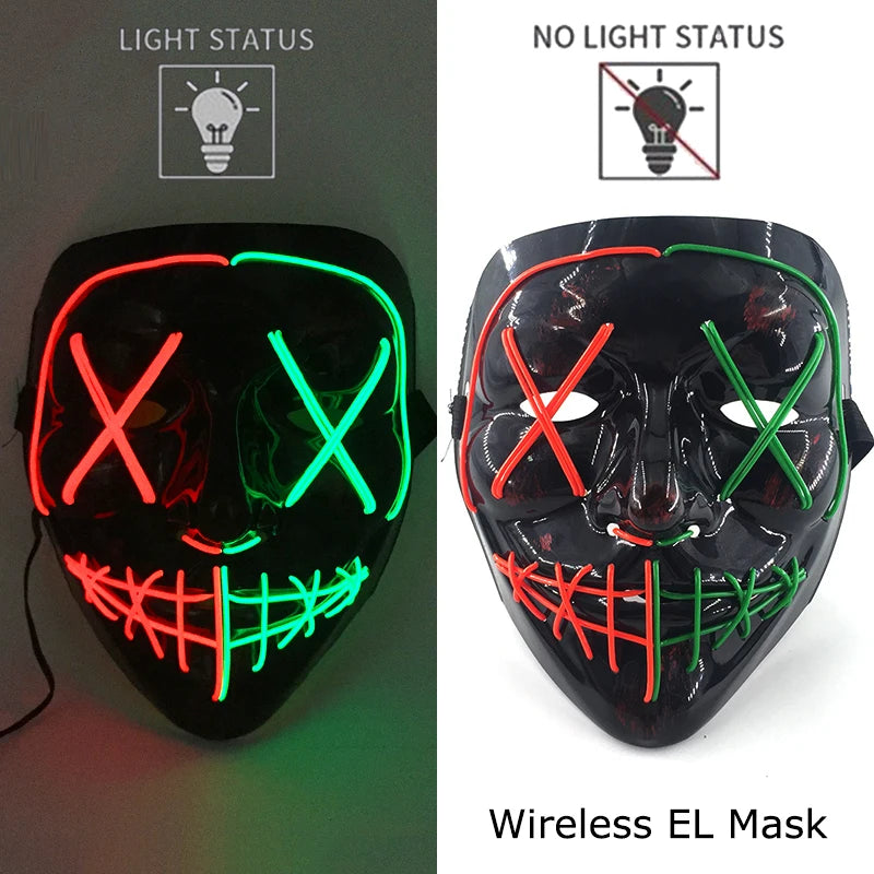 Bezprzewodowa Maska LED Neon Purge – świecąca w Ciemności, Horror Cosplay, Halloween, Maskarada, Impreza