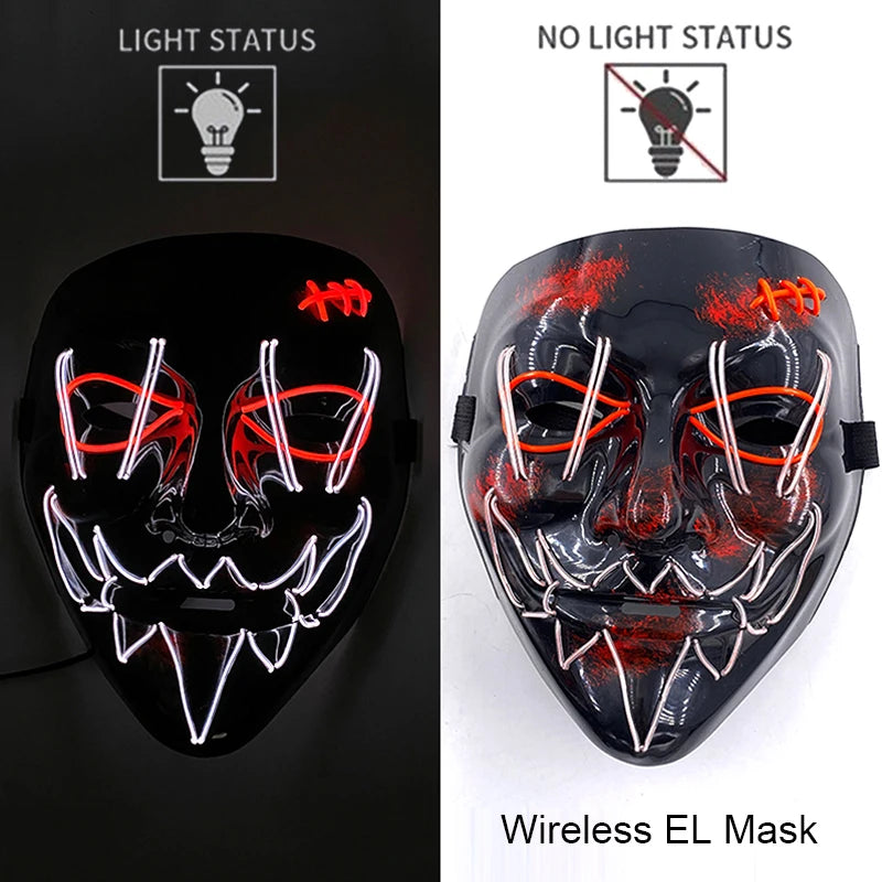 Bezprzewodowa Maska LED Neon Purge – świecąca w Ciemności, Horror Cosplay, Halloween, Maskarada, Impreza