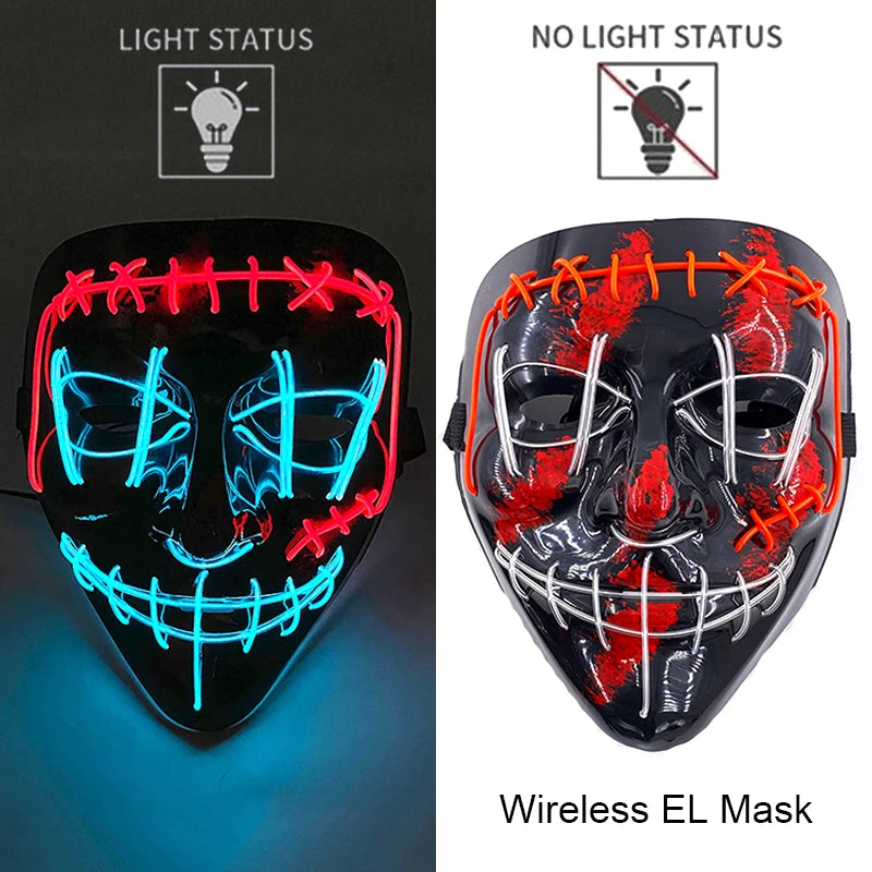 Bezprzewodowa Maska LED Neon Purge – świecąca w Ciemności, Horror Cosplay, Halloween, Maskarada, Impreza