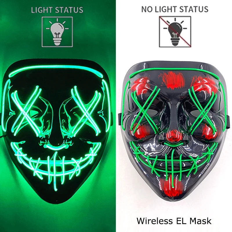 Bezprzewodowa Maska LED Neon Purge – świecąca w Ciemności, Horror Cosplay, Halloween, Maskarada, Impreza