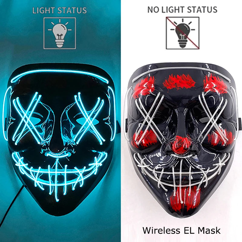 Bezprzewodowa Maska LED Neon Purge – świecąca w Ciemności, Horror Cosplay, Halloween, Maskarada, Impreza