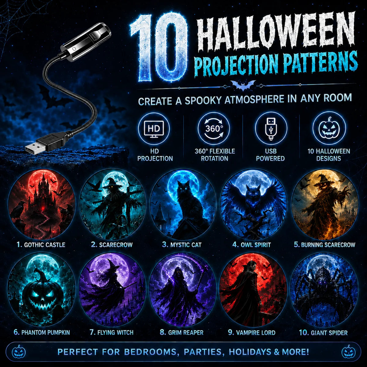 Lampka Nocna Projektor Halloween – 10 Wzorców, Światło Atmosferyczne
