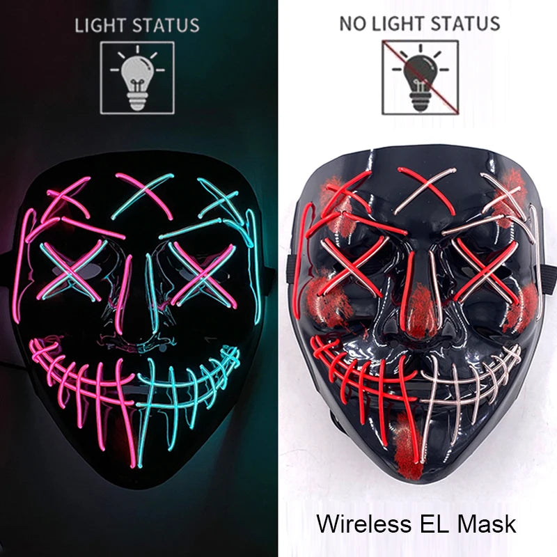 Bezprzewodowa Maska LED Neon Purge – świecąca w Ciemności, Horror Cosplay, Halloween, Maskarada, Impreza