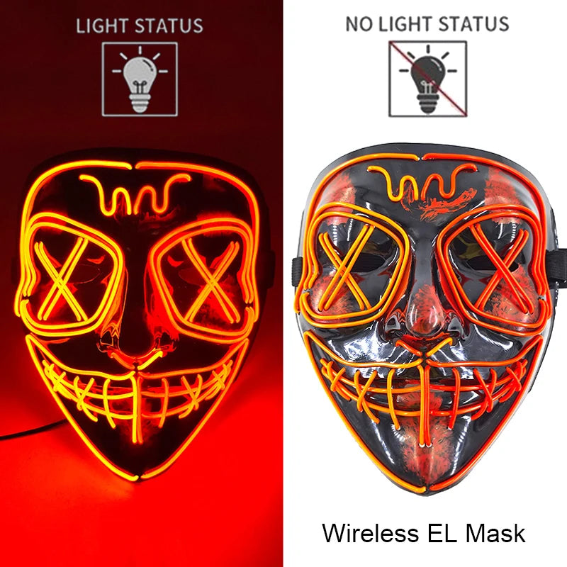 Bezprzewodowa Maska LED Neon Purge – świecąca w Ciemności, Horror Cosplay, Halloween, Maskarada, Impreza