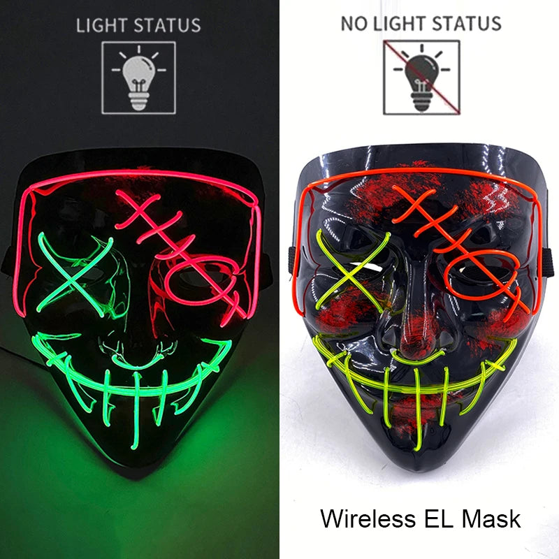 Bezprzewodowa Maska LED Neon Purge – świecąca w Ciemności, Horror Cosplay, Halloween, Maskarada, Impreza