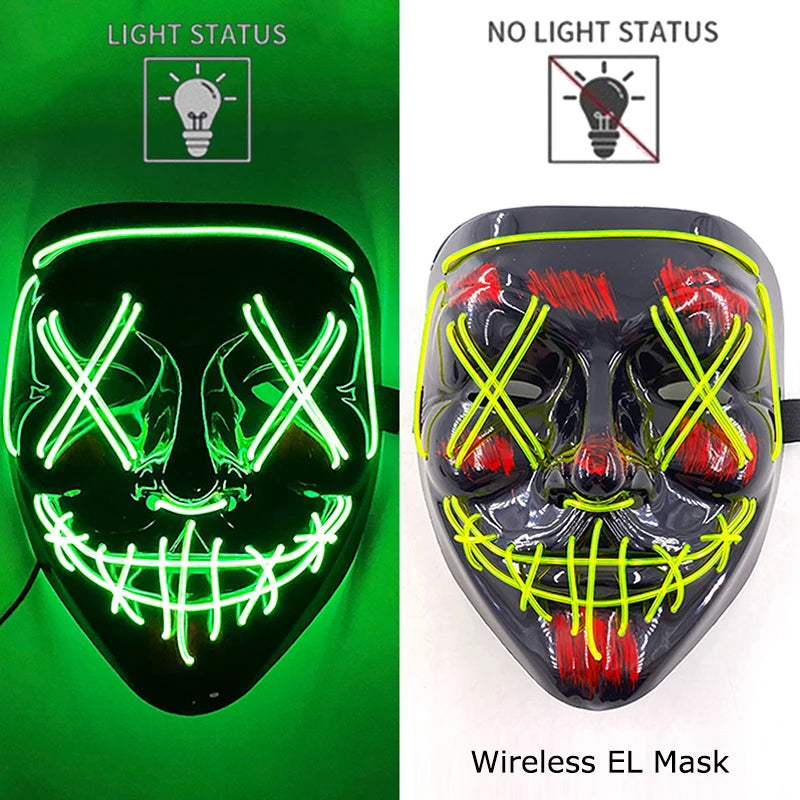 Bezprzewodowa Maska LED Neon Purge – świecąca w Ciemności, Horror Cosplay, Halloween, Maskarada, Impreza