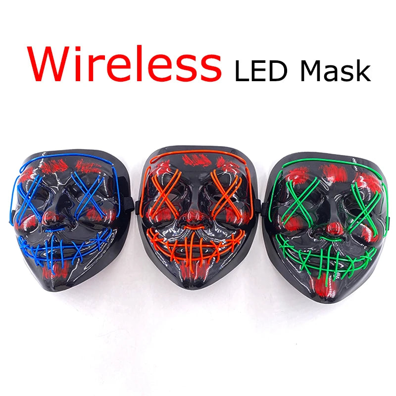 Bezprzewodowa Maska LED Neon Purge – świecąca w Ciemności, Horror Cosplay, Halloween, Maskarada, Impreza