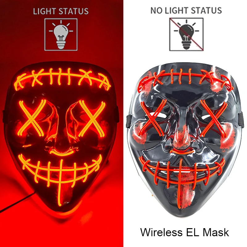 Bezprzewodowa Maska LED Neon Purge – świecąca w Ciemności, Horror Cosplay, Halloween, Maskarada, Impreza