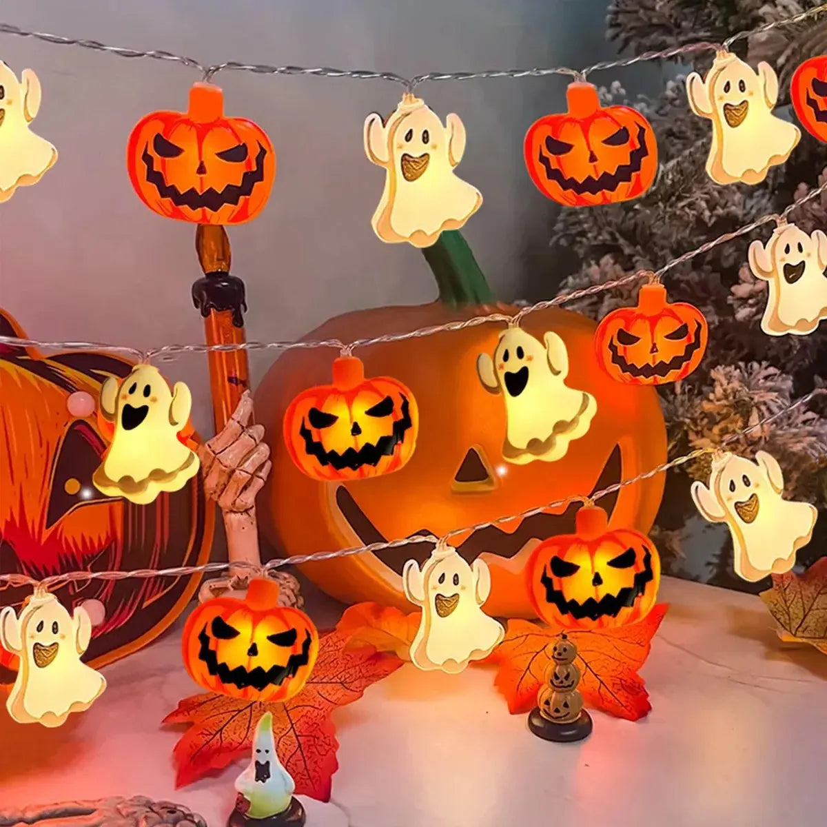 Lampki LED Halloween Dynia i Duch na Baterie – Dekoracja na Halloween, Ogród i Dom