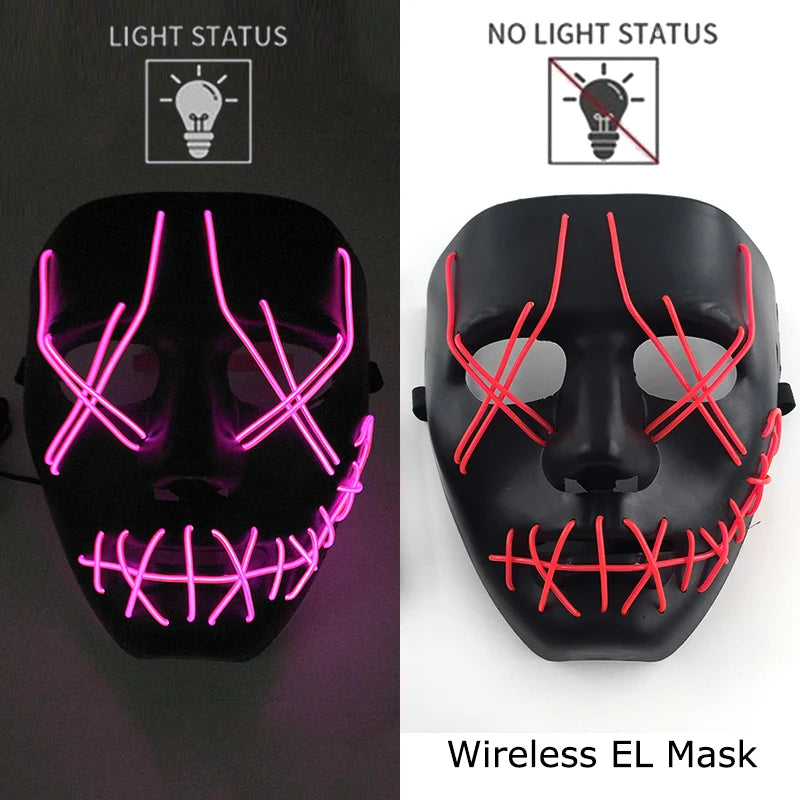 Bezprzewodowa Maska LED Neon Purge – świecąca w Ciemności, Horror Cosplay, Halloween, Maskarada, Impreza