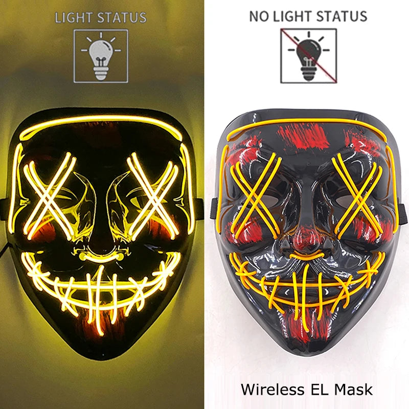 Bezprzewodowa Maska LED Neon Purge – świecąca w Ciemności, Horror Cosplay, Halloween, Maskarada, Impreza