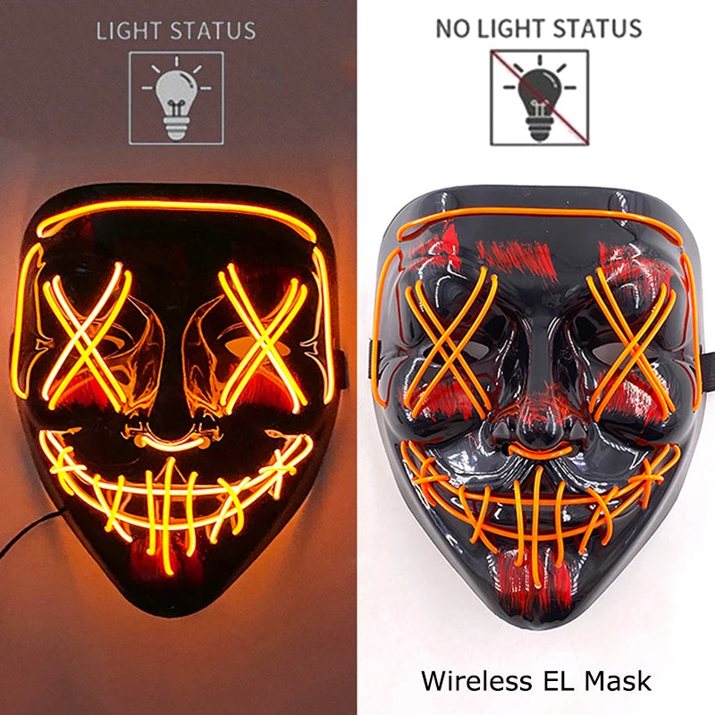Bezprzewodowa Maska LED Neon Purge – świecąca w Ciemności, Horror Cosplay, Halloween, Maskarada, Impreza
