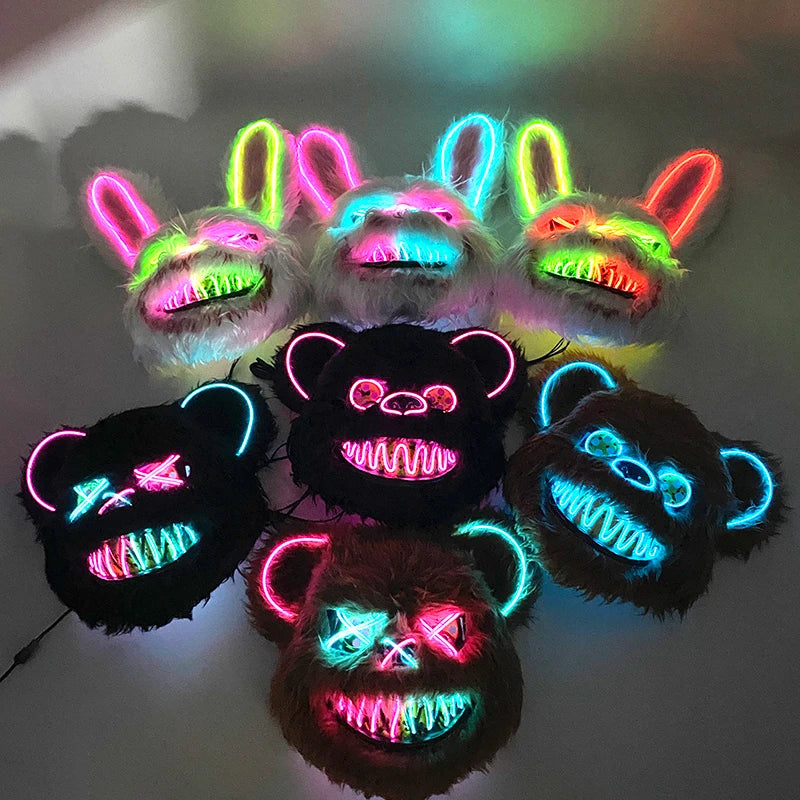 Świecąca Maska LED – Krwawy Królik / Czarny Niedźwiedź – Halloween, Cosplay, Impreza