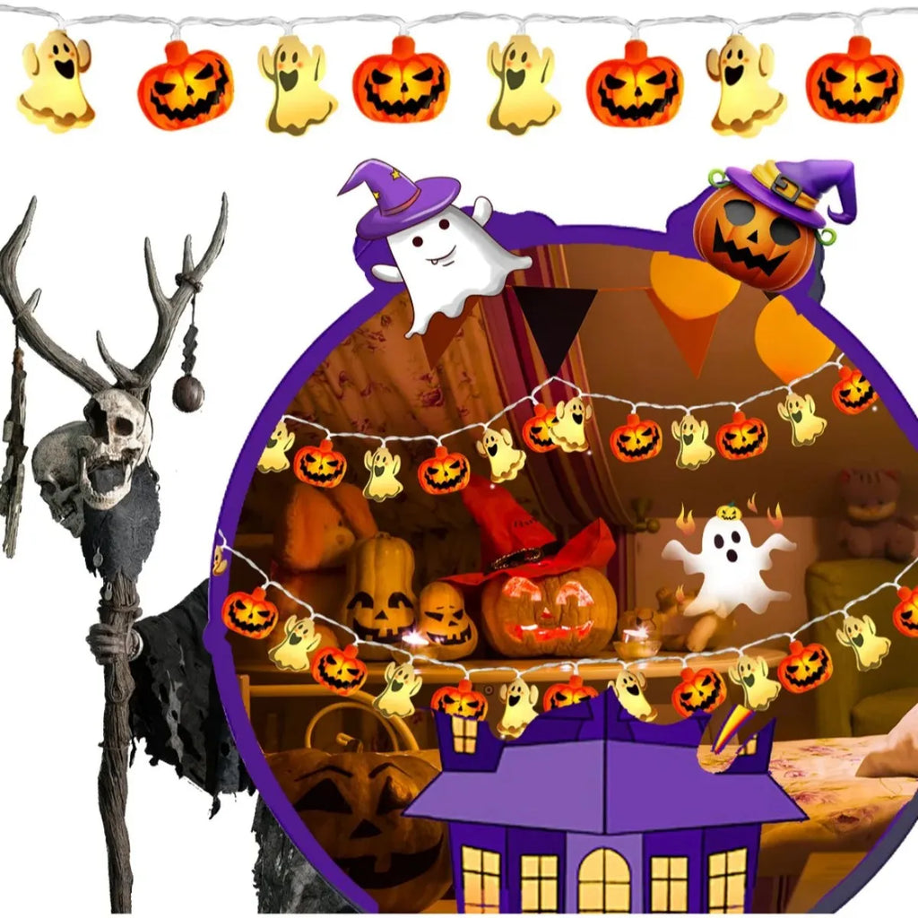 Lampki LED Halloween Dynia i Duch na Baterie – Dekoracja na Halloween, Ogród i Dom