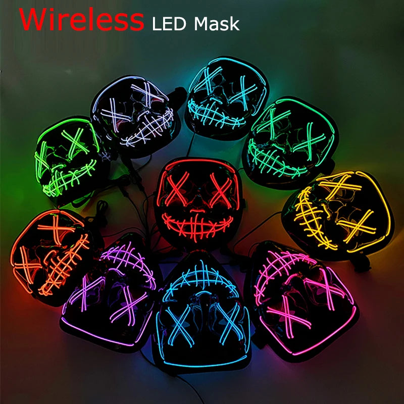 Bezprzewodowa Maska LED Neon Purge – świecąca w Ciemności, Horror Cosplay, Halloween, Maskarada, Impreza