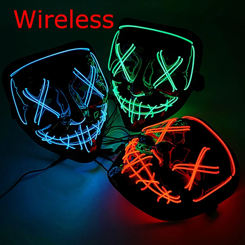 Bezprzewodowa Maska LED Neon Purge – świecąca w Ciemności, Horror Cosplay, Halloween, Maskarada, Impreza