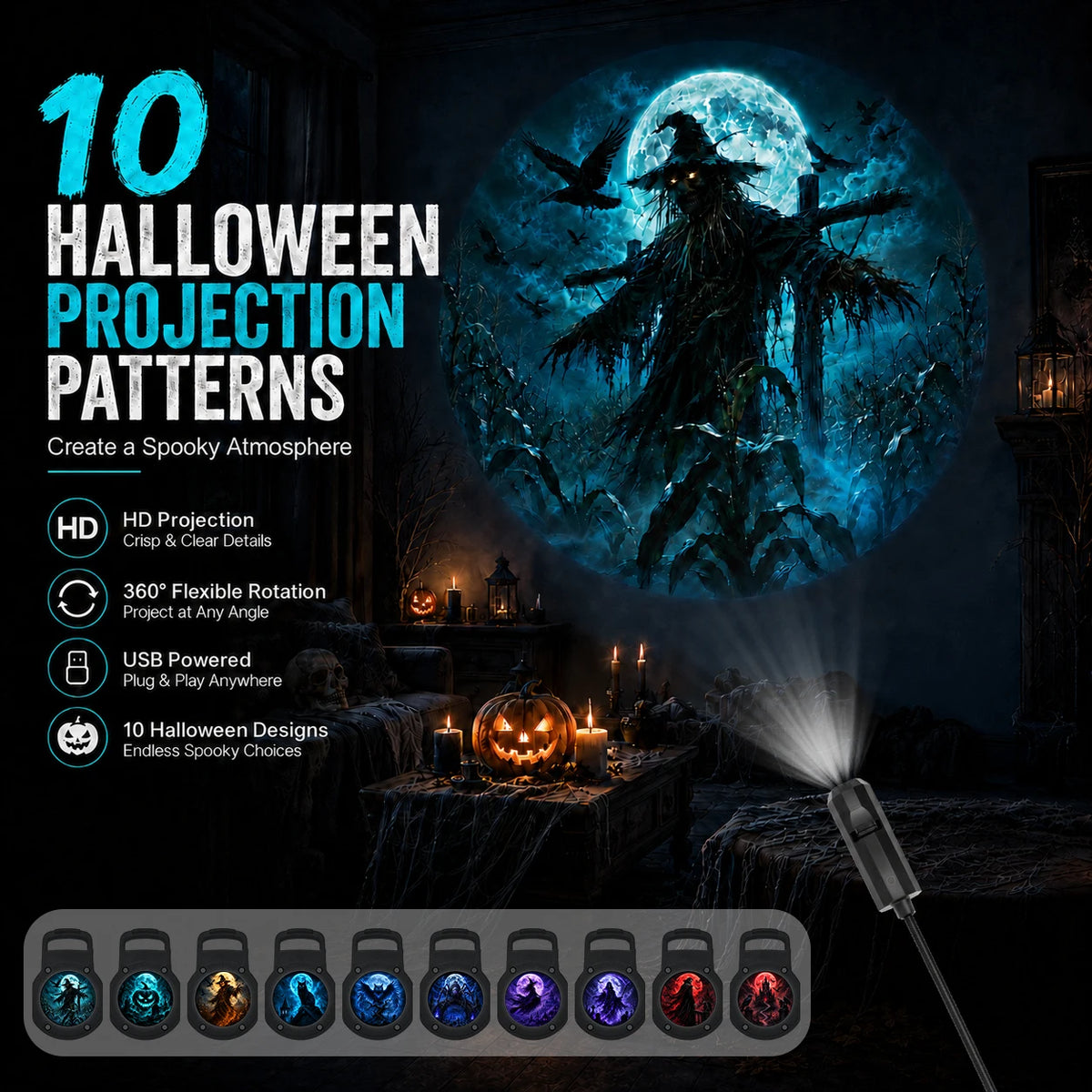 Lampka Nocna Projektor Halloween – 10 Wzorców, Światło Atmosferyczne