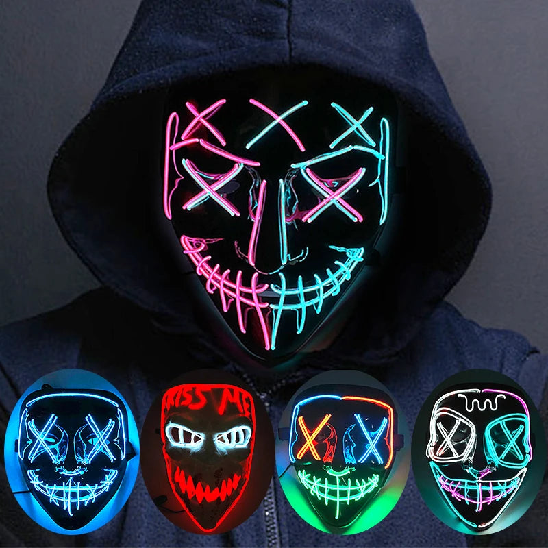 Bezprzewodowa Maska LED Neon Purge – świecąca w Ciemności, Horror Cosplay, Halloween, Maskarada, Impreza