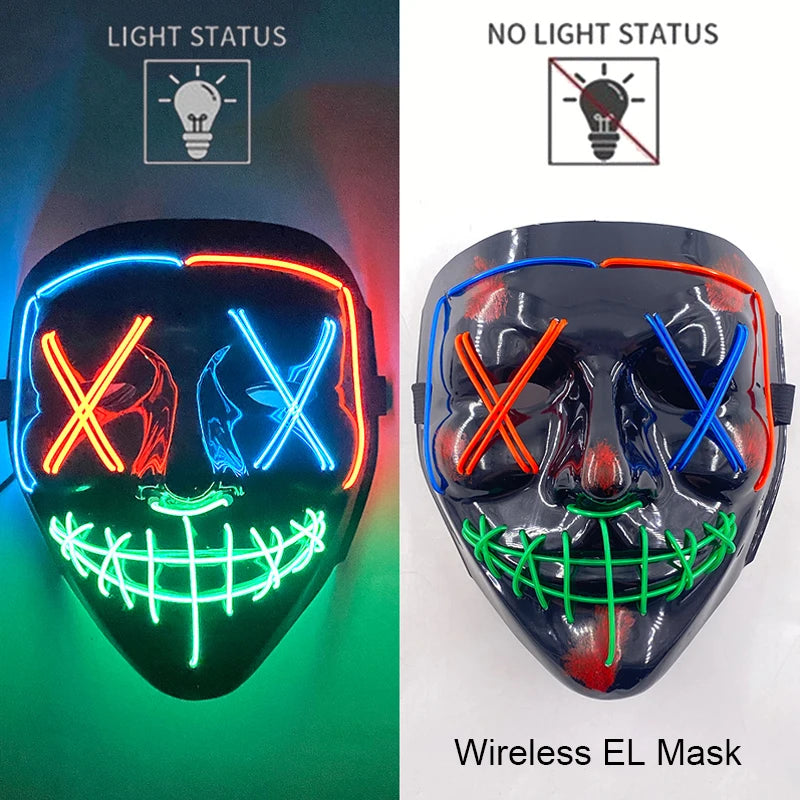 Bezprzewodowa Maska LED Neon Purge – świecąca w Ciemności, Horror Cosplay, Halloween, Maskarada, Impreza
