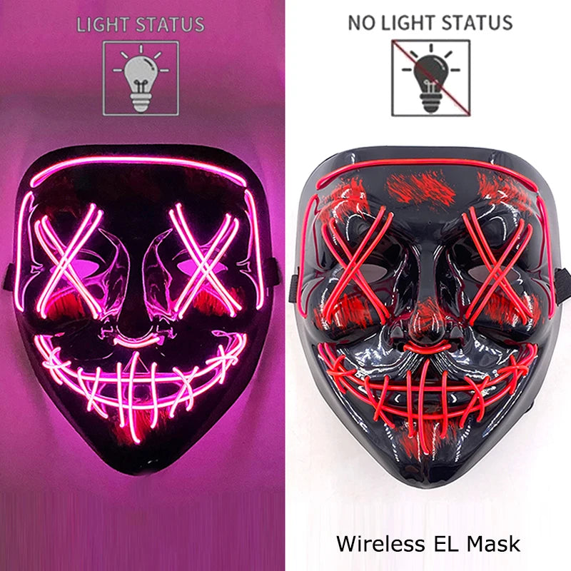 Bezprzewodowa Maska LED Neon Purge – świecąca w Ciemności, Horror Cosplay, Halloween, Maskarada, Impreza