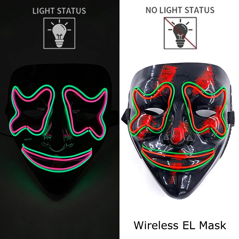 Bezprzewodowa Maska LED Neon Purge – świecąca w Ciemności, Horror Cosplay, Halloween, Maskarada, Impreza