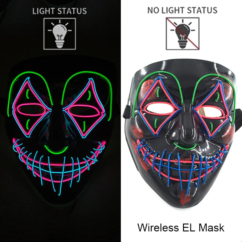 Bezprzewodowa Maska LED Neon Purge – świecąca w Ciemności, Horror Cosplay, Halloween, Maskarada, Impreza