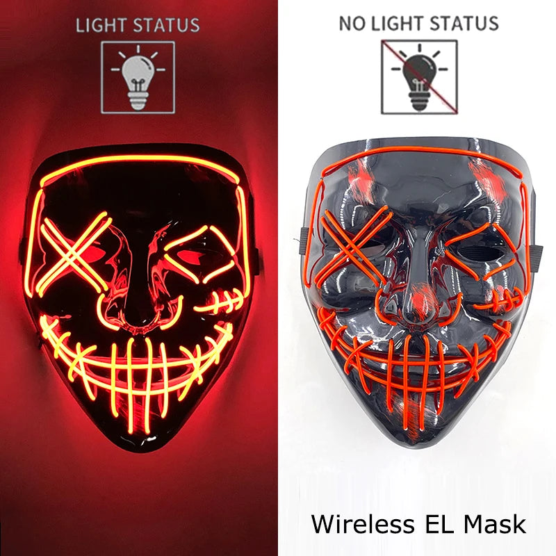 Bezprzewodowa Maska LED Neon Purge – świecąca w Ciemności, Horror Cosplay, Halloween, Maskarada, Impreza
