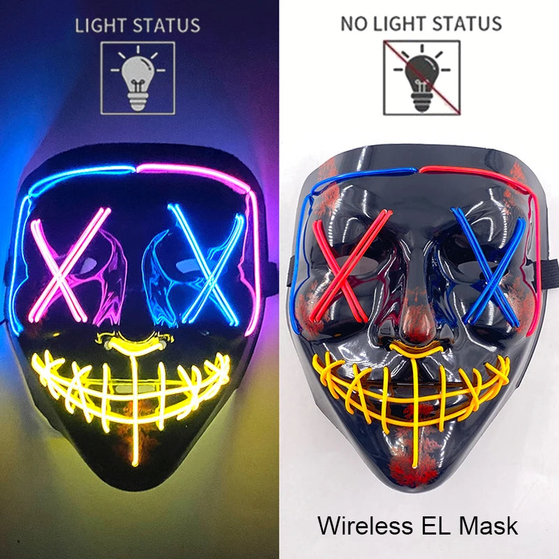 Bezprzewodowa Maska LED Neon Purge – świecąca w Ciemności, Horror Cosplay, Halloween, Maskarada, Impreza
