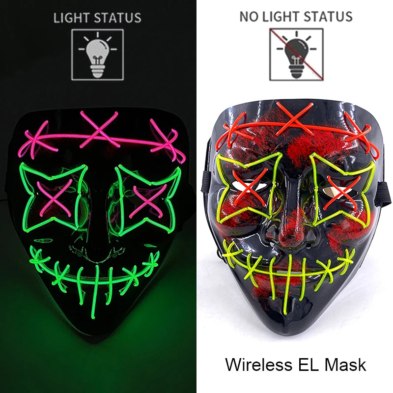 Bezprzewodowa Maska LED Neon Purge – świecąca w Ciemności, Horror Cosplay, Halloween, Maskarada, Impreza