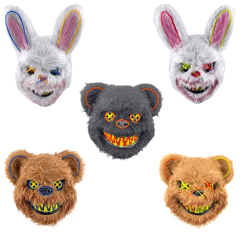 Świecąca Maska LED – Krwawy Królik / Czarny Niedźwiedź – Halloween, Cosplay, Impreza