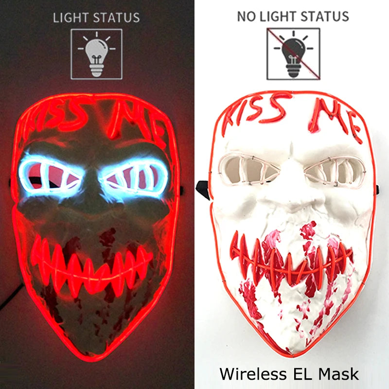 Bezprzewodowa Maska LED Neon Purge – świecąca w Ciemności, Horror Cosplay, Halloween, Maskarada, Impreza