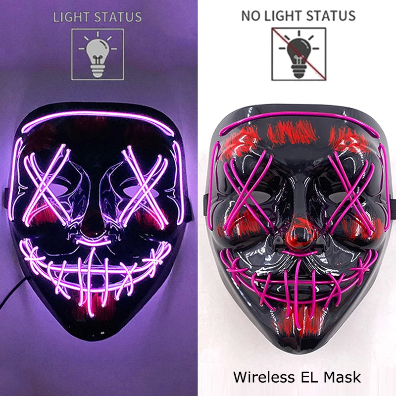 Bezprzewodowa Maska LED Neon Purge – świecąca w Ciemności, Horror Cosplay, Halloween, Maskarada, Impreza