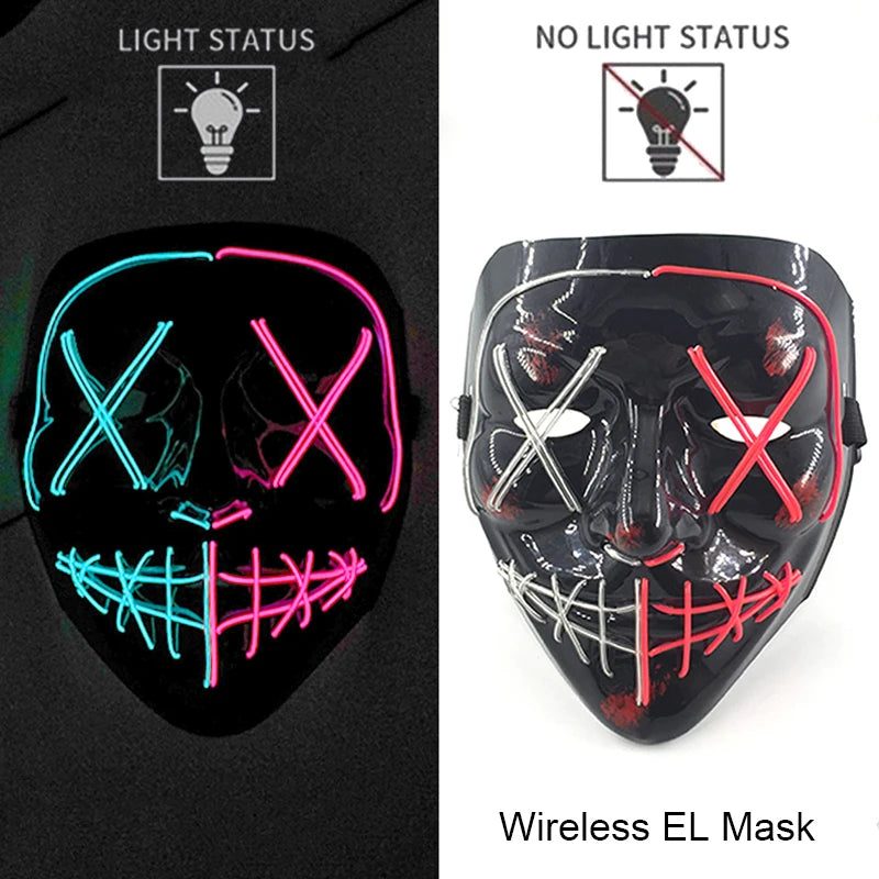 Bezprzewodowa Maska LED Neon Purge – świecąca w Ciemności, Horror Cosplay, Halloween, Maskarada, Impreza