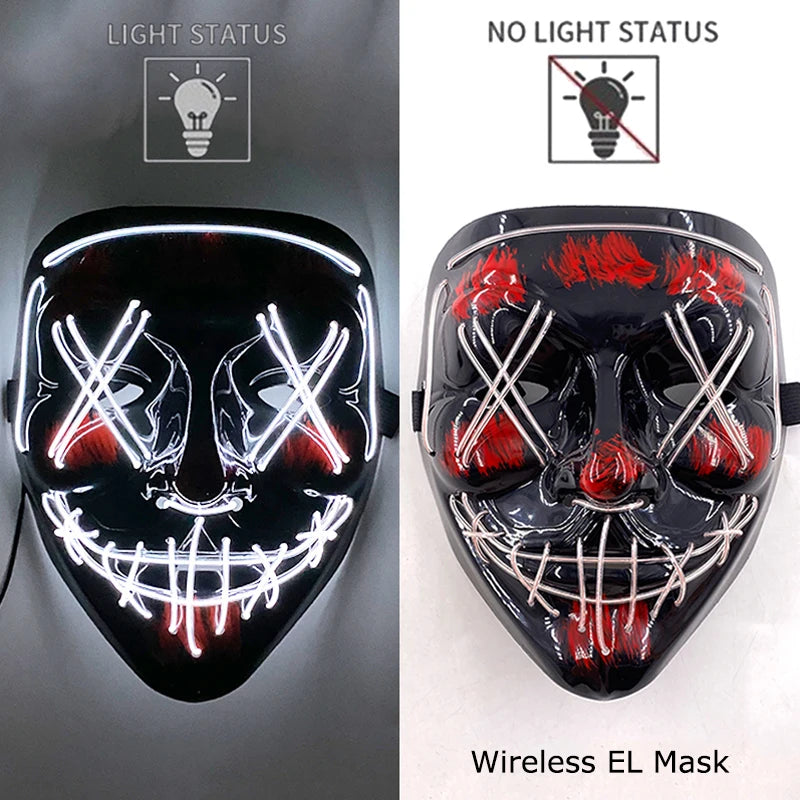 Bezprzewodowa Maska LED Neon Purge – świecąca w Ciemności, Horror Cosplay, Halloween, Maskarada, Impreza