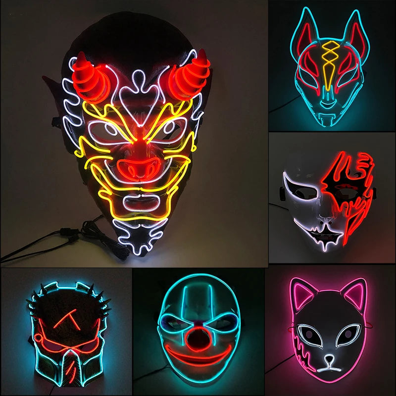 Świecąca Maska LED EL – Neon, Anime, Horror – Cosplay, Halloween, Maskarada, Karnawał