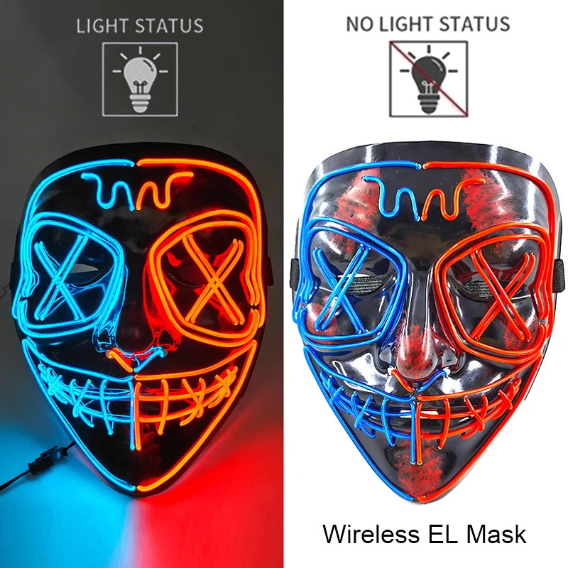 Bezprzewodowa Maska LED Neon Purge – świecąca w Ciemności, Horror Cosplay, Halloween, Maskarada, Impreza