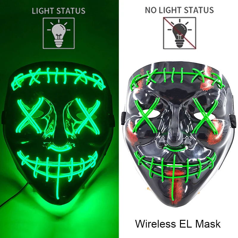 Bezprzewodowa Maska LED Neon Purge – świecąca w Ciemności, Horror Cosplay, Halloween, Maskarada, Impreza