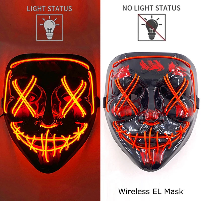 Bezprzewodowa Maska LED Neon Purge – świecąca w Ciemności, Horror Cosplay, Halloween, Maskarada, Impreza