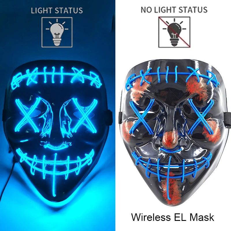 Bezprzewodowa Maska LED Neon Purge – świecąca w Ciemności, Horror Cosplay, Halloween, Maskarada, Impreza